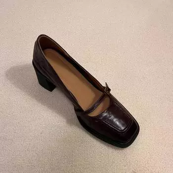 Туфли из мягкой овчины в стиле ретро с квадратной головкой и легким ртом на высоком каблуке, маленькие кожаные туфли на французском толстом каблуке, туфли Мэри Джейн, женская обувь 35 коричневый