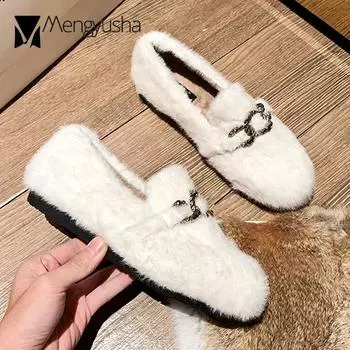 Туфли из настоящего пушистого меха, женские зимние туфли на плоской подошве, мокасины с металлическими цепями, женские плюшевые хлопковые мокасины, теплые зимние туфли с мехом кролика 5 розовый