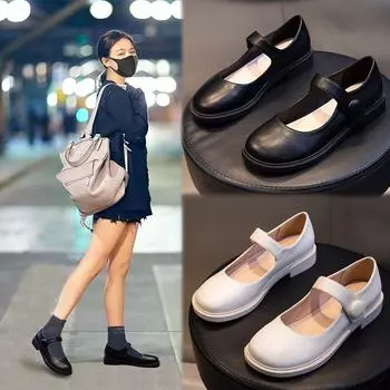 Туфли из натуральной кожи белого цвета Туфли на плоской подошве с закрытым носком Туфли для студенток Повседневная женская обувь Туфли в стиле Лолита 35 чёрный