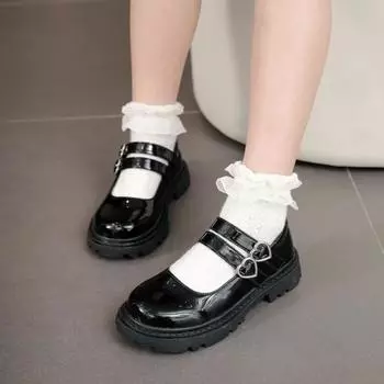 Туфли из натуральной кожи для девочек на вечеринку, свадьбу, глянцевые матовые детские туфли для выступлений с любовью, туфли для больших детей, принцессы Мэри Джейн 2024 26 матовый черный