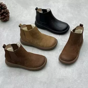 Туфли из натуральной кожи и хлопка, повседневные, с круглым носком, плоские, из коровьей кожи, ботинки «Челси» 35 чёрный