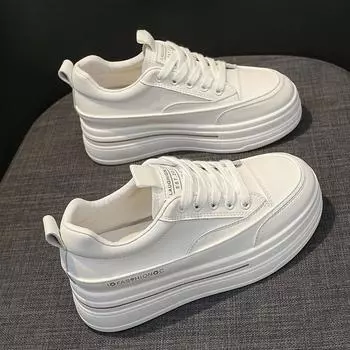 Туфли из натуральной кожи на толстой подошве белого цвета для женщин, весна и лето, новые универсальные стельки, увеличивающие рост, женская обувь, повседневные кроссовки, туфли-лодочки 35