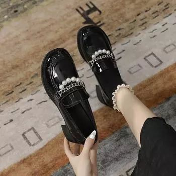 Туфли из натуральной кожи на толстом каблуке, женские туфли Мэри Джейн с жемчужной отделкой, мягкие туфли для девочек с юбкой и одной педалью 34