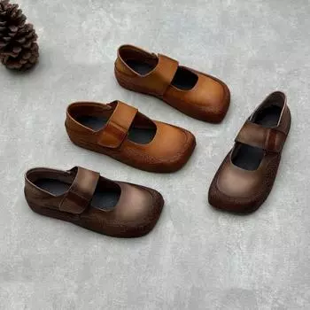 Туфли из натуральной кожи ручной работы, винтажные туфли на плоской подошве из мягкой воловьей кожи с мягкой подошвой 35 коричневый