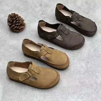 Туфли из натуральной кожи ручной работы, винтажные, с круглым носком, на плоской подошве, из мягкой кожи, повседневные, с одной подошвой 35 хаки
