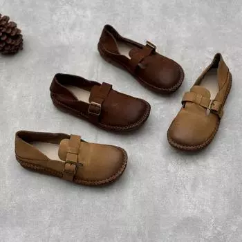 Туфли из натуральной кожи ручной работы, весенние и летние, повседневные женские туфли из коровьей кожи с плоским круглым носком 35 хаки