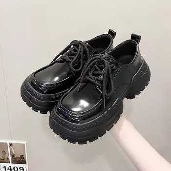 Туфли из натуральной кожи с большой головкой для женщин, на платформе, со шнуровкой, с нескользящей подошвой и высоким каблуком, удобные туфли-лодочки Zapatos Mujer 35 чёрный