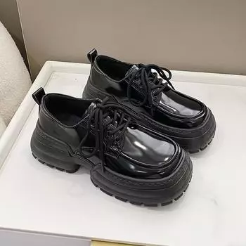 Туфли из натуральной кожи с большой головкой для женщин, на платформе, со шнуровкой, с неглубоким носком, с нескользящей толстой подошвой и высоким каблуком 35