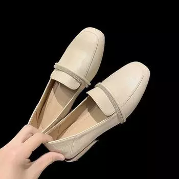 Туфли из натуральной кожи с квадратным носком для женщин весна-осень 2025 года, новая корейская версия со стразами и двумя парами одинарных туфель на толстом каблуке для женщин 35 чёрный