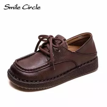 Туфли из натуральной кожи с мягкой подошвой, с круглым носком, на шнуровке, женская обувь, модная, удобная, повседневная обувь 35 коричневый