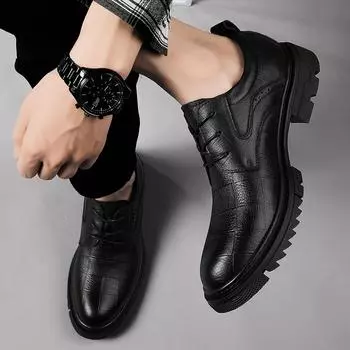Туфли из натуральной кожи с толстой подошвой для мужчин, оксфорды, на шнуровке, повседневная обувь для мужчин, универсальная деловая обувь, модная мужская обувь 38 чёрный