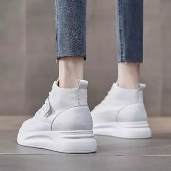 Туфли из натуральной кожи с высоким берцем, женские туфли, повседневные белые туфли на толстой подошве 35 белый