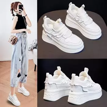 Туфли из натуральной мягкой кожи белого цвета для женщин, весна и осень, новые, универсальные, на толстой подошве, для отдыха, на платформе, спортивные женские туфли со скрытым каблуком 34