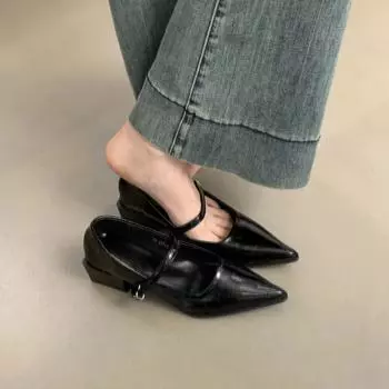 Туфли из овчины и кожи, женские, новые, весна-осень, однотонные, с пряжкой в одно слово, с неглубоким носком, туфли Мэри Джейн из кожи 35