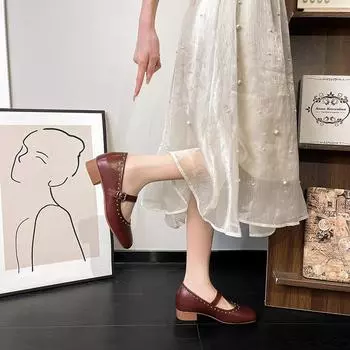 Туфли из овчины из Гонконга, женские, средний каблук, весна и осень 2024, новые, квадратные, толстый каблук, ретро, подходящие по цвету, мягкая подошва, кожа, женские 34 красный