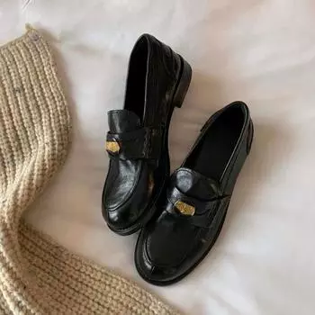 Туфли из овчины с толстой подошвой, женская обувь, ретро, маленькие золотые монеты, маленькие кожаные туфли, одна педаль, ленивые, одинарные 35