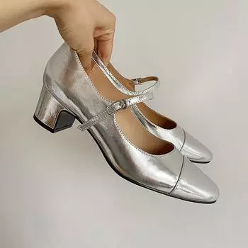 Туфли из овчины серебристо-белой кожи французские одинарные женские новые туфли Мэри Джейн на толстом каблуке маленькие кожаные туфли 34 серебряный