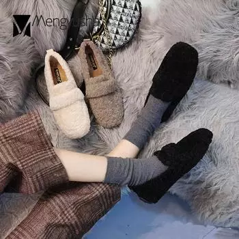 Туфли из овечьего меха, женские, однотонные, без застежек, зимние, мокасины с квадратным носком, шерстяные, меховые, балетки, удобные, большие размеры 5 чёрный