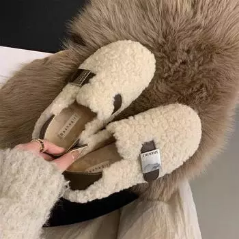 Туфли из овечьей шерсти для женщин на осень и зиму 2024 года, корейская версия ретро-туфель Doudou с плоской подошвой и одной педалью, туфли из бархатного хлопка 35 хаки