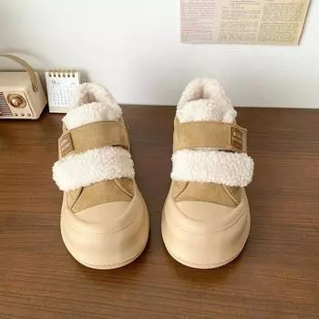 Туфли из овечьей шерсти на липучке и платформе из хлопка, женские зимние бархатные туфли для доски, новинка 2024 года, популярные универсальные теплые туфли для хлеба 35