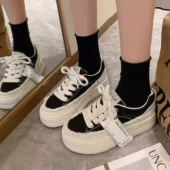 Туфли из парусины на толстой подошве для женщин, ниша на весну и лето 35 чёрный