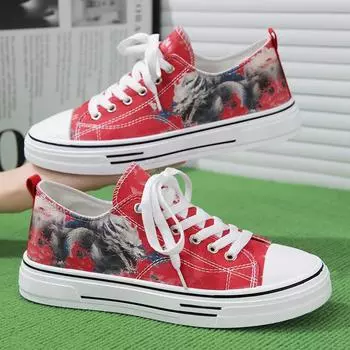 Туфли из парусины «Новый год дракона» в китайском стиле с росписью тушью, модная обувь для отдыха, универсальная студенческая обувь на все времена года 39 красный