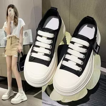 Туфли из парусины с толстой подошвой, женские летние туфли из дышащей сетки из ледяного шелка, маленькие белые туфли, универсальные туфли для спорта и отдыха на доске 35 чёрный