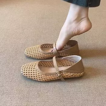Туфли из плетеной овчины с перфорацией, дышащие сандалии Мэри Джейн для женского лета, одинарные туфли на плоской подошве с ремешком через подъем 35