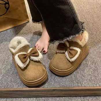 Туфли из плюшевого хлопка с бантом, искусственная замша, неглубокие слипоны с круглым носком, женские, плоская подошва, короткие, хлопковые, простые, повседневные, зимние 36 бежевый
