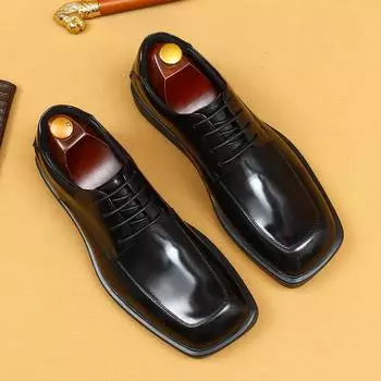 Туфли из яркой кожи с большой головкой, квадратная платформа, британские лакированные глянцевые туфли, деловые повседневные туфли дерби 37 коричневый