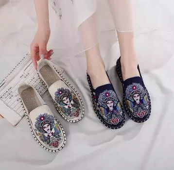 Туфли из ткани в этническом стиле с вышивкой на плоской подошве, маска для лица в античном стиле с одной педалью, фиксирующая нить, вышитая женская обувь 35 темно-синий