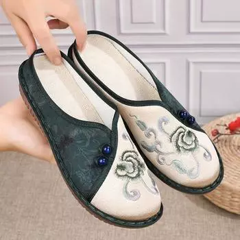 Туфли из ткани, женские дышащие льняные туфли ханьфу, полутапочки с мягкой подошвой, вышитые туфли в этническом стиле 35