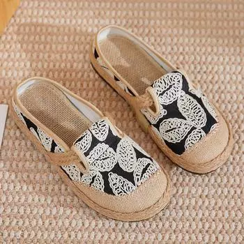 Туфли из ткани женские туфли 2025 лето новые льняные тканые повседневные туфли полутапочки 36
