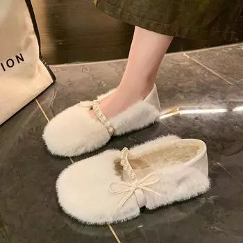 Туфли из жемчужного пуха для женщин 2024 года, новые туфли-бини с круглой подошвой и одной педалью, а также две хлопковые туфли для фей 35 чёрный