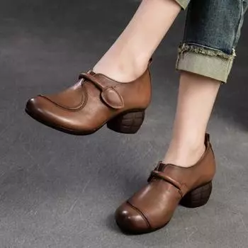 Туфли Johnature из натуральной кожи, универсальные женские туфли на высоком каблуке с круглым носком в стиле ретро, на мягкой подошве 35 чёрный