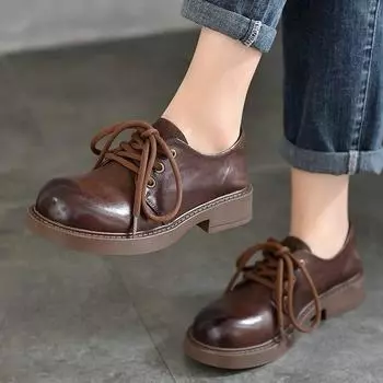 Туфли Johnature на низком каблуке, универсальная женская обувь с круглым носком из натуральной кожи на шнуровке в стиле ретро в британском стиле 36 чёрный