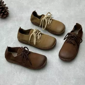Туфли Johnature Retro из натуральной кожи на шнуровке на плоской подошве с круглым носком, универсальные однотонные женские туфли 35 хаки