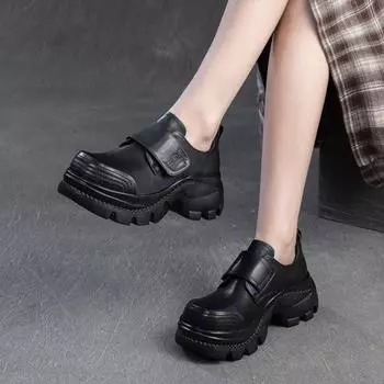 Туфли Johnature Retro с круглым носком и толстой подошвой из натуральной кожи, повседневные женские туфли на платформе с липучкой 37 чёрный