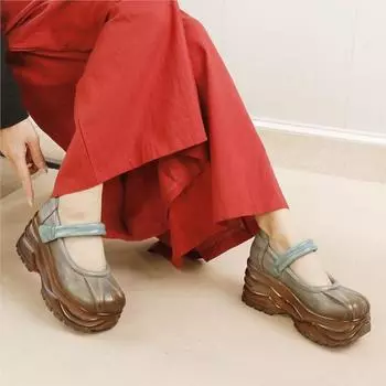 Туфли Johnature Retro Wedges Shoes из натуральной кожи на толстой подошве, женские туфли-лодочки с круглым носком и платформой ручной работы 35 серый