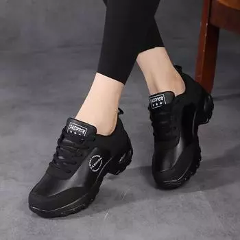 Туфли-качалки из кожи со шнуровкой и покатым каблуком, кроссовки с воздушной подушкой, танцевальная обувь для танцев, обувь для женщин среднего возраста, одиночные туфли, повседневные 35 чёрный