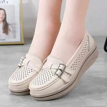 Туфли-качалки из натуральной кожи с толстой подошвой на платформе и танкетке для женщин среднего возраста, туфли для мам больших размеров 40 бежевый