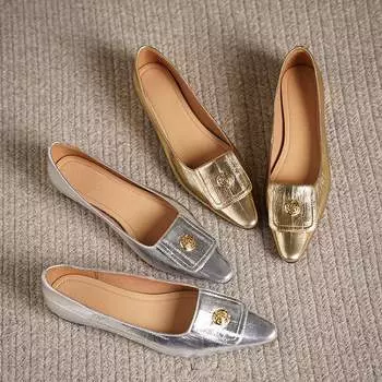 Туфли Krazing Pot из овечьей кожи на лето, весну и осень, на низком каблуке, женские туфли с круглым носком, круглыми пуговицами, мелкими складками и декором 35 золотой