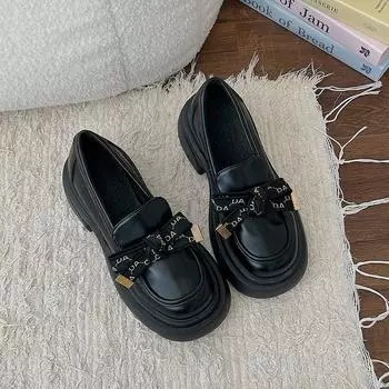 Туфли Lefou на толстой подошве, женские, летние, весенние, туфли, сто с одинарными туфлями, черные, маленькие, кожаные туфли 35 чёрный