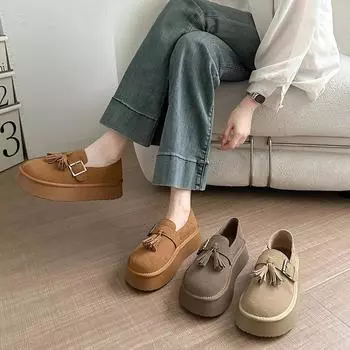 Туфли Lefou в стиле ретро для студентов, весна и осень, новые женские туфли с пряжкой на ремне и кисточками, повседневные туфли-моно 35 абрикосовый
