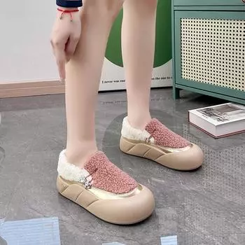 Туфли Lefu Cotton на толстой подошве для женщин 2024 года, зимние, новые, стильные, из овечьей шерсти Baotou, с утеплителем на плоской подошве, повседневные, Zaptos Mujer 35 чёрный