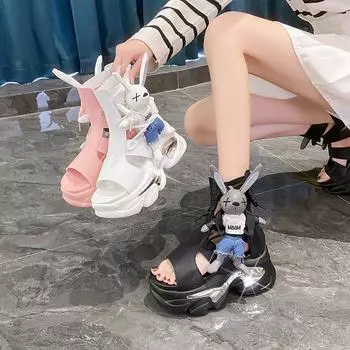 Туфли Little Rabbit Dad, женские, летние, с наклонным каблуком «рыбий рот», толстая подошва, увеличивающая рост, повседневные спортивные, полые римские сандалии 34 белый