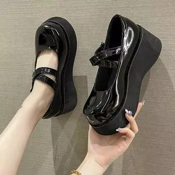 Туфли-лодочки Comemore Retro Round Head из лакированной кожи большого размера 43, весенние, женские туфли-лодочки с неглубоким носком на платформе 35