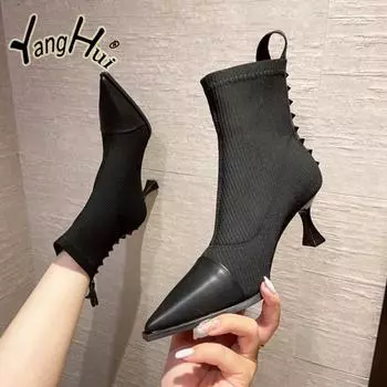 Туфли-лодочки для вечеринок в стиле ретро с острым носком из искусственной кожи, эластичная хлопковая ткань, на молнии, для женщин 2024 года, новая мода, весна, Zapatos Mujer 34 чёрный