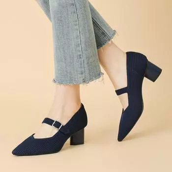 Туфли-лодочки для женщин на низком массивном каблуке, туфли Мэри Джейн, остроносые трикотажные туфли для ходьбы с регулируемым ремешком, повседневная женская нарядная обувь 34 чёрный