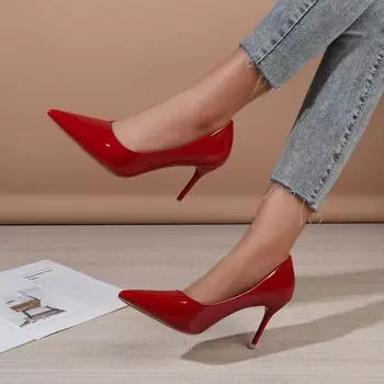 Туфли-лодочки для женщин с острым носком из лакированной кожи с неглубоким носком, красные туфли на высоком каблуке, женская мода, сексуальные туфли на тонком каблуке для свадебной вечеринки 34 чёрный